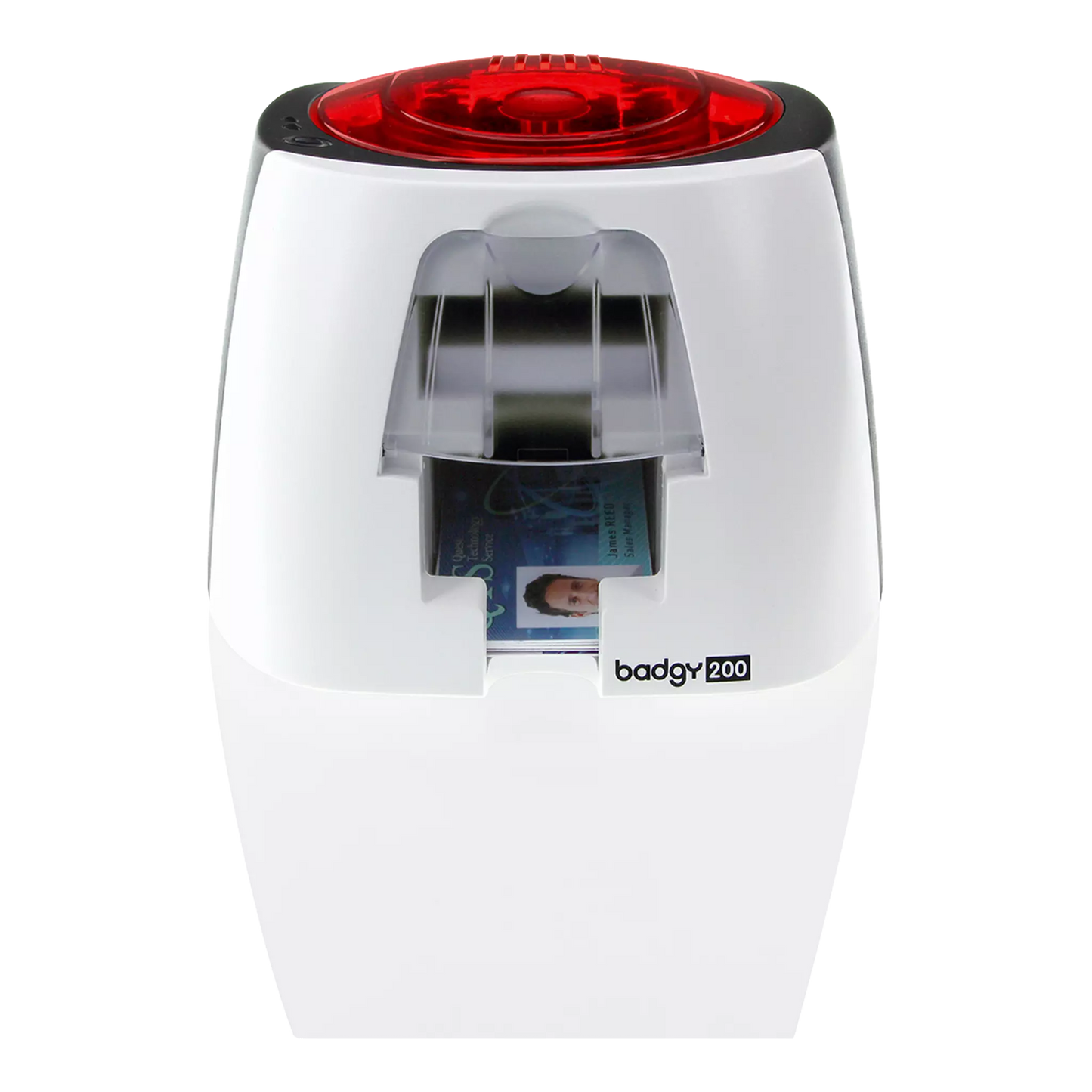 Front facing view of Evolis Badgy200 ID Card Printer. Capable of printing up to 95 full color cards per hour, the Badgy200 provides a quick and efficient card issuance process.