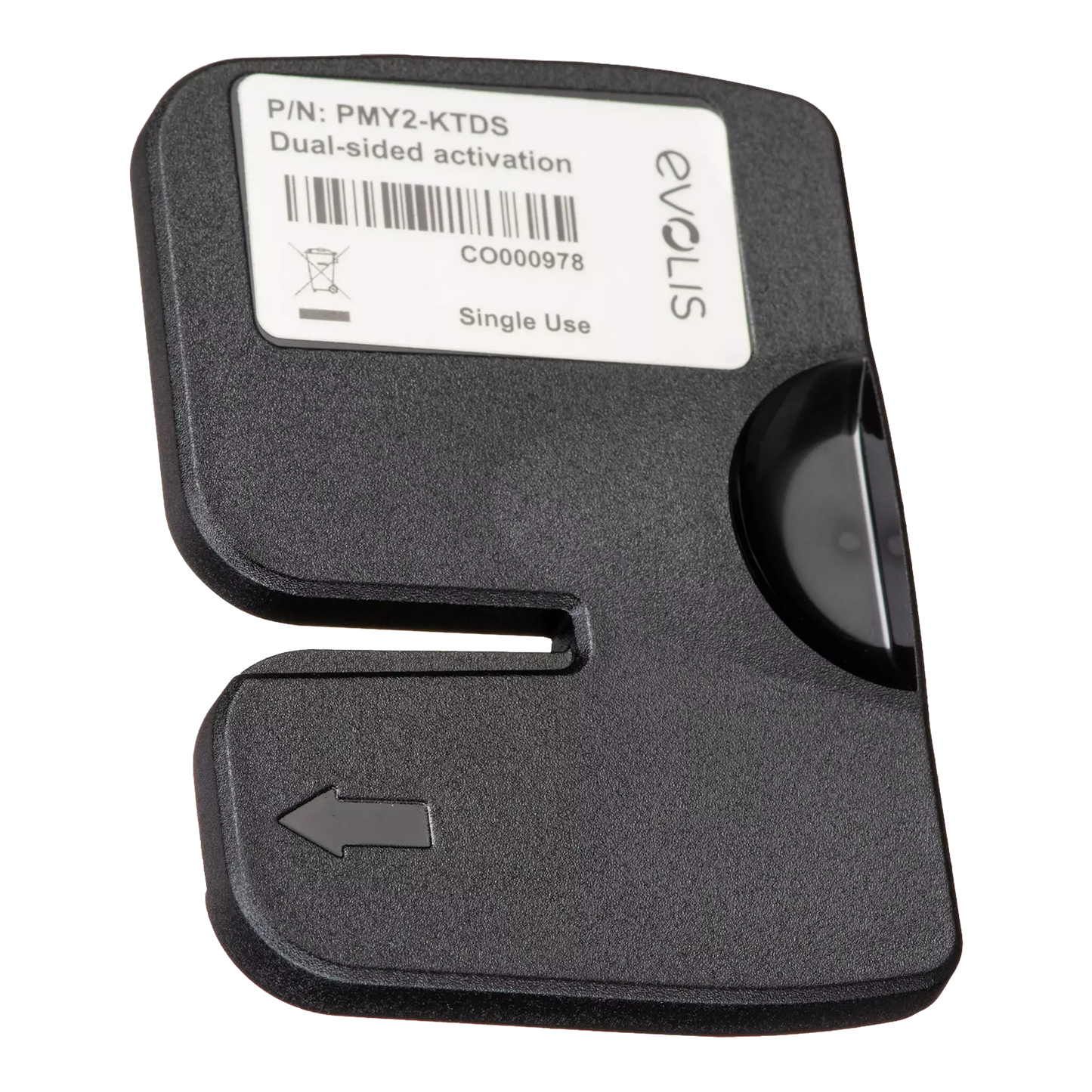 The Evolis PMY2-KTDS Dual Sided Upgrade Kit for Primacy 2 ID Card Printer is a black plastic card featuring a barcode, "Dual-sided activation," "Single Use," and a left-facing arrow on the label. Designed specifically for dual sided card printing with the Primacy 2 ID Card Printer, the part number "PMY2-KTDS" is also printed on the label.