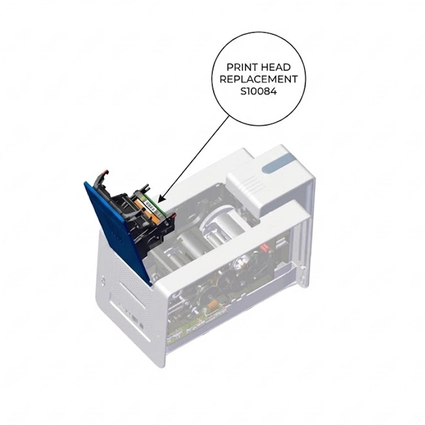Diagram of a partially open printer with print head compartment exposed, labeled “Evolis S10084 Replacement Printhead for Zenius & Primacy ID Card Printers.”.