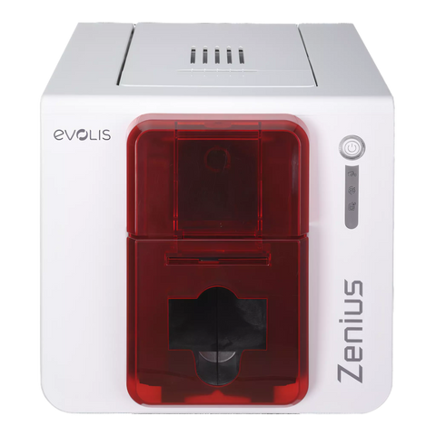 Front view of Evolis Zenius single sided ID card printer fire red color version. Sold by Specialist ID.