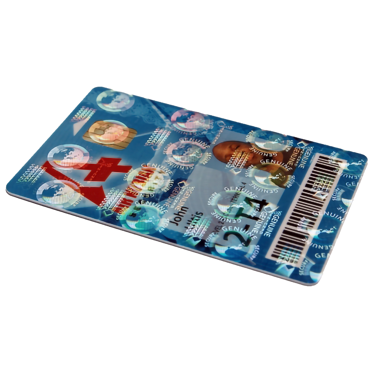A close-up of a laminated, secure ID card with holographic security features and a barcode. A small image of an individual's face is visible on the right side of the card, enhanced by an Evolis R4002 Optoseal Holographic Ribbon – 350 Prints for added protection.