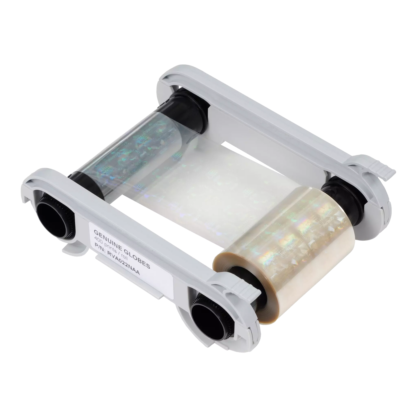 The Evolis RVA022NAA Holographic Overlamination provides enhanced ID card security with two rolls of film on a plastic frame, supporting 400 prints and compatible with Primacy and Zenius card printers.