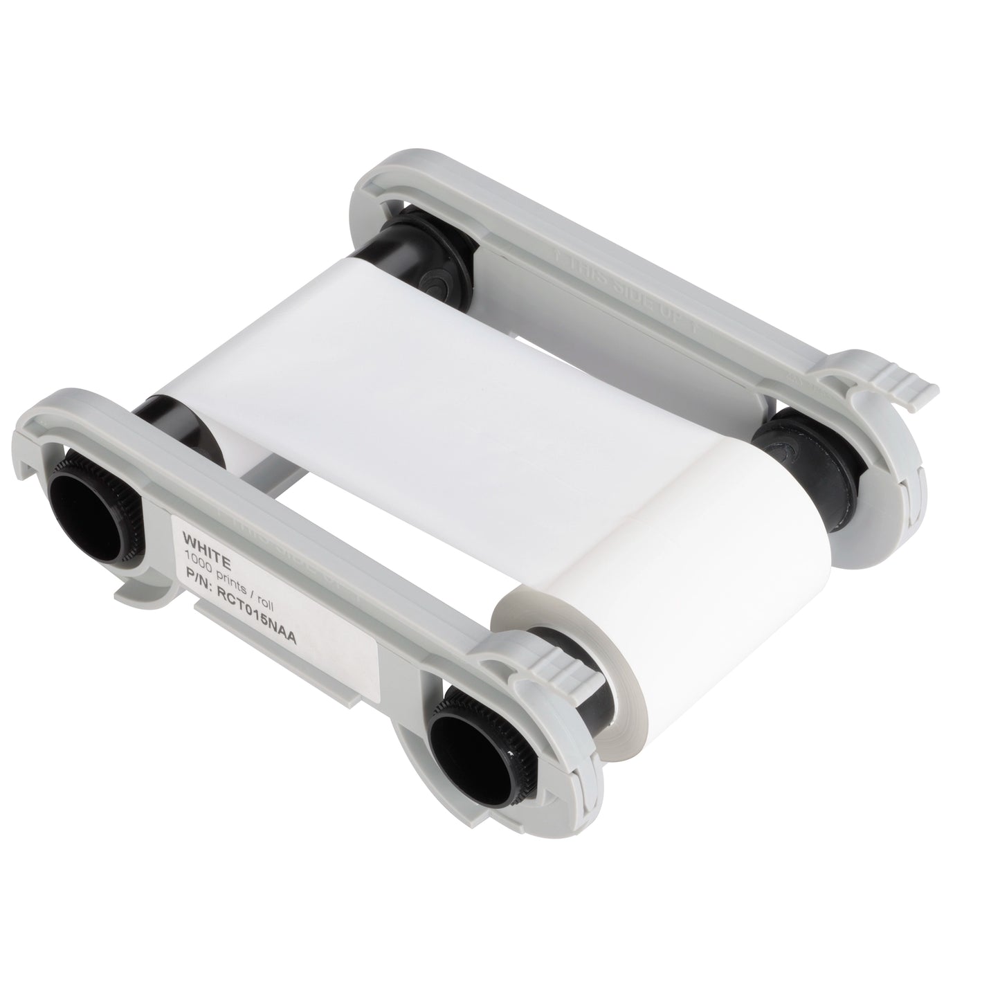 A white monochrome ribbon with plastic spools and gray casing, the **Evolis RCT015NAA White Monochrome Ribbon** is designed for use in label and ID card printers.