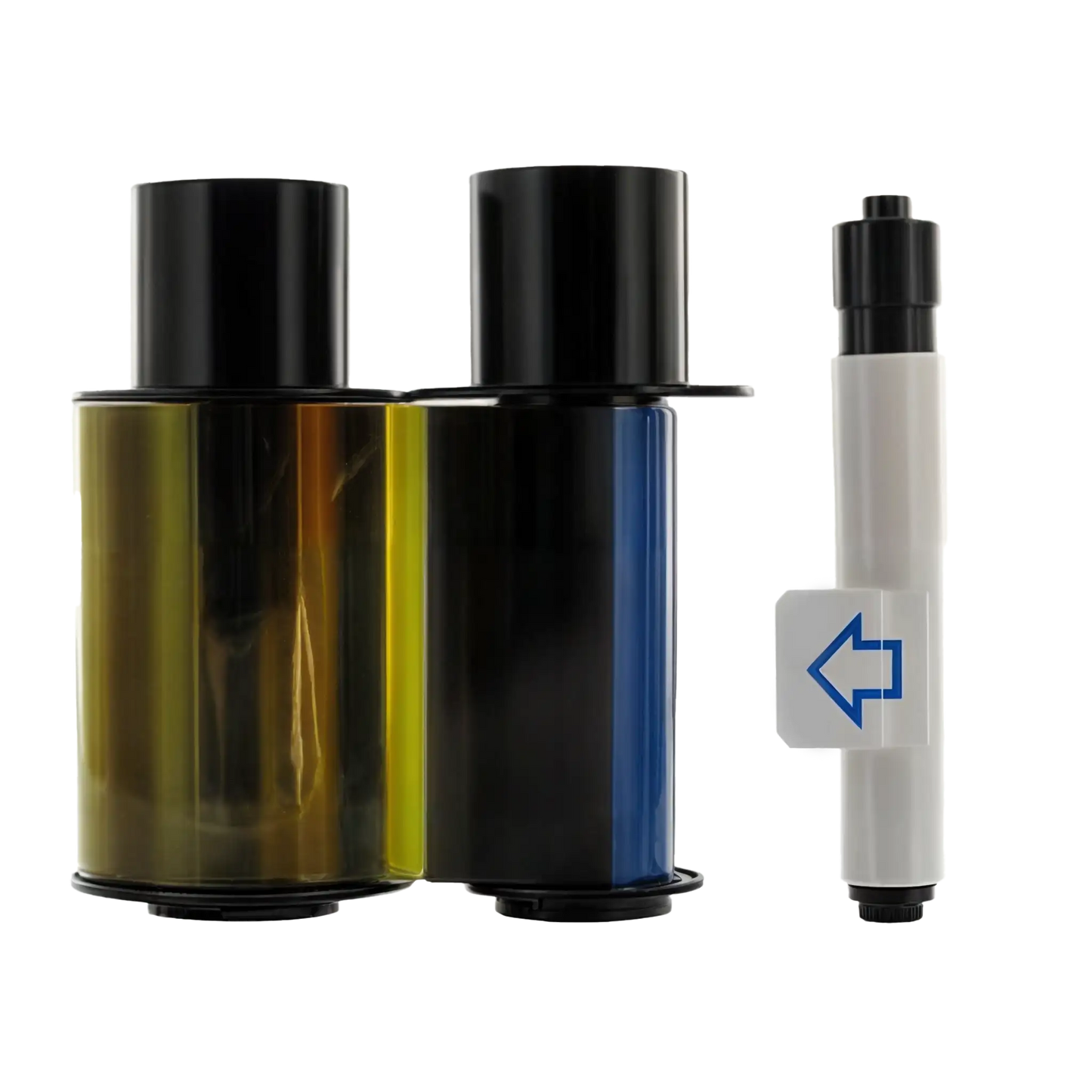A photo of two black cylindrical objects, one featuring yellow and black sections and the other with blue and black sections, alongside a white pen-like object marked with a blue arrow symbol. The arrangement appears to be components related to ID card printers, likely incorporating the HID Fargo 45015 YMCKO Color Ribbon for 250 prints, specifically designed for C30, DTC1000, and DTC1250e card printers.