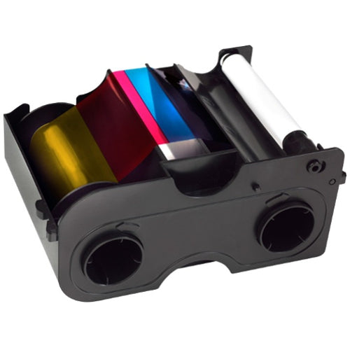 A black, rectangular FARGO 44200 YMCKO Color Ribbon featuring yellow, magenta, cyan, and black segments. The cartridge fits seamlessly into DTC300 and Fargo C30 models with its two circular rollers.