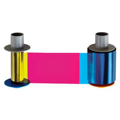 The genuine Fargo 84051 YMCK Color Ribbon For HDP5000 Printers features yellow, magenta, and cyan segments, ideal for use in HDP5000 series printers.