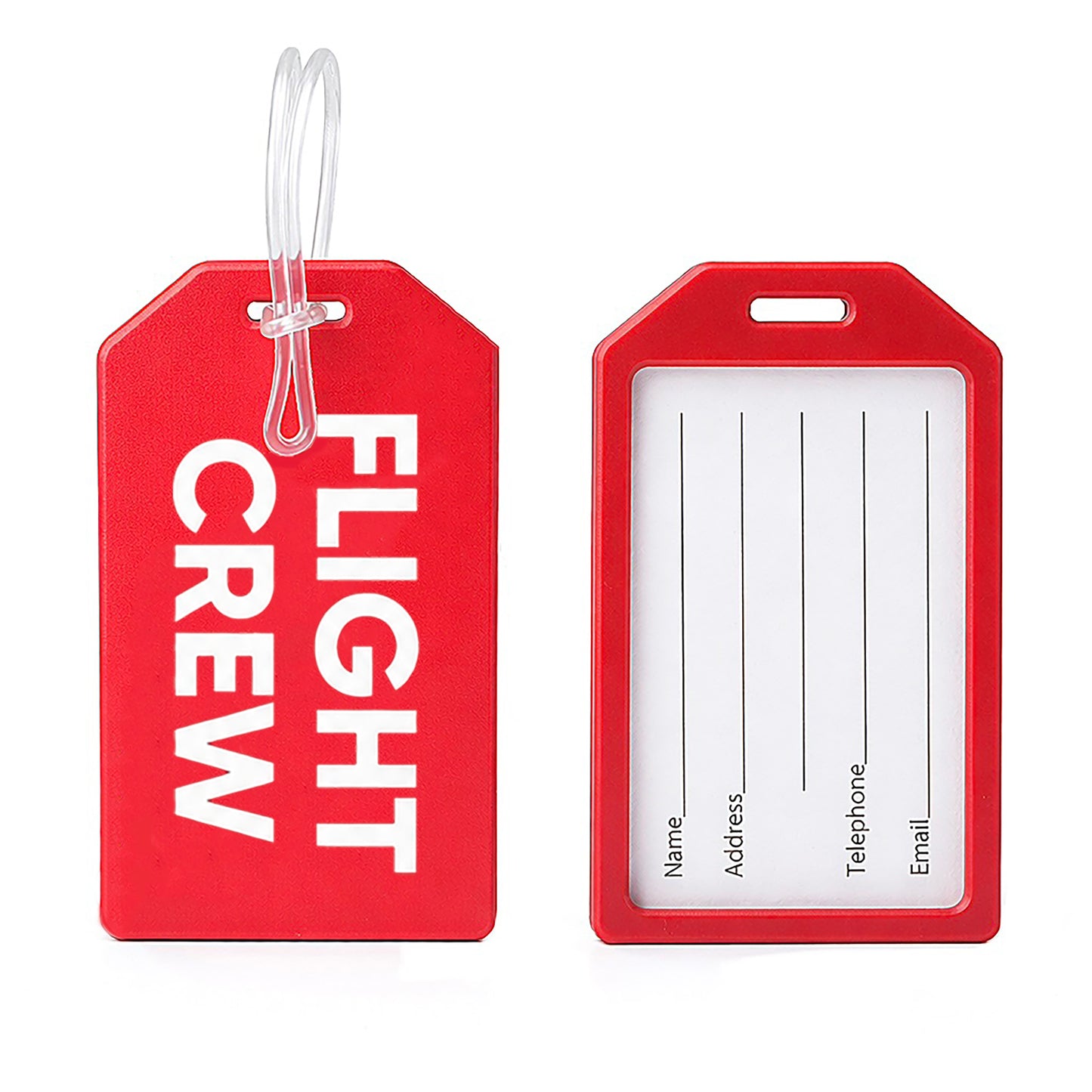 Two Unique Art Luggage Tags by Specialist ID in red UV print labeled "FLIGHT CREW"; one tag shows bold front text, the other displays fields for name, address, telephone, and email.