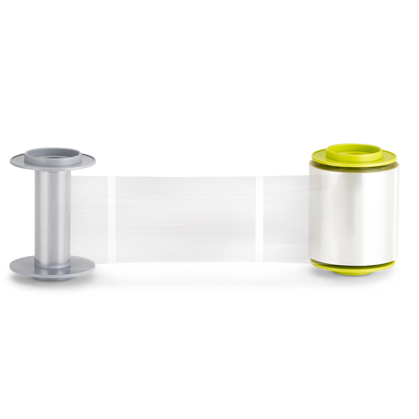 A Fargo 084900 Clear HDP Film for HDP6600 Retransfer Printer with a gray spindle on the left side and a wider yellow and silver spool on the right side. The wrap, akin to HDP Film used in HDP6600 High Definition Printers for crisp 600 dpi images, is partially unrolled between the two spools.
