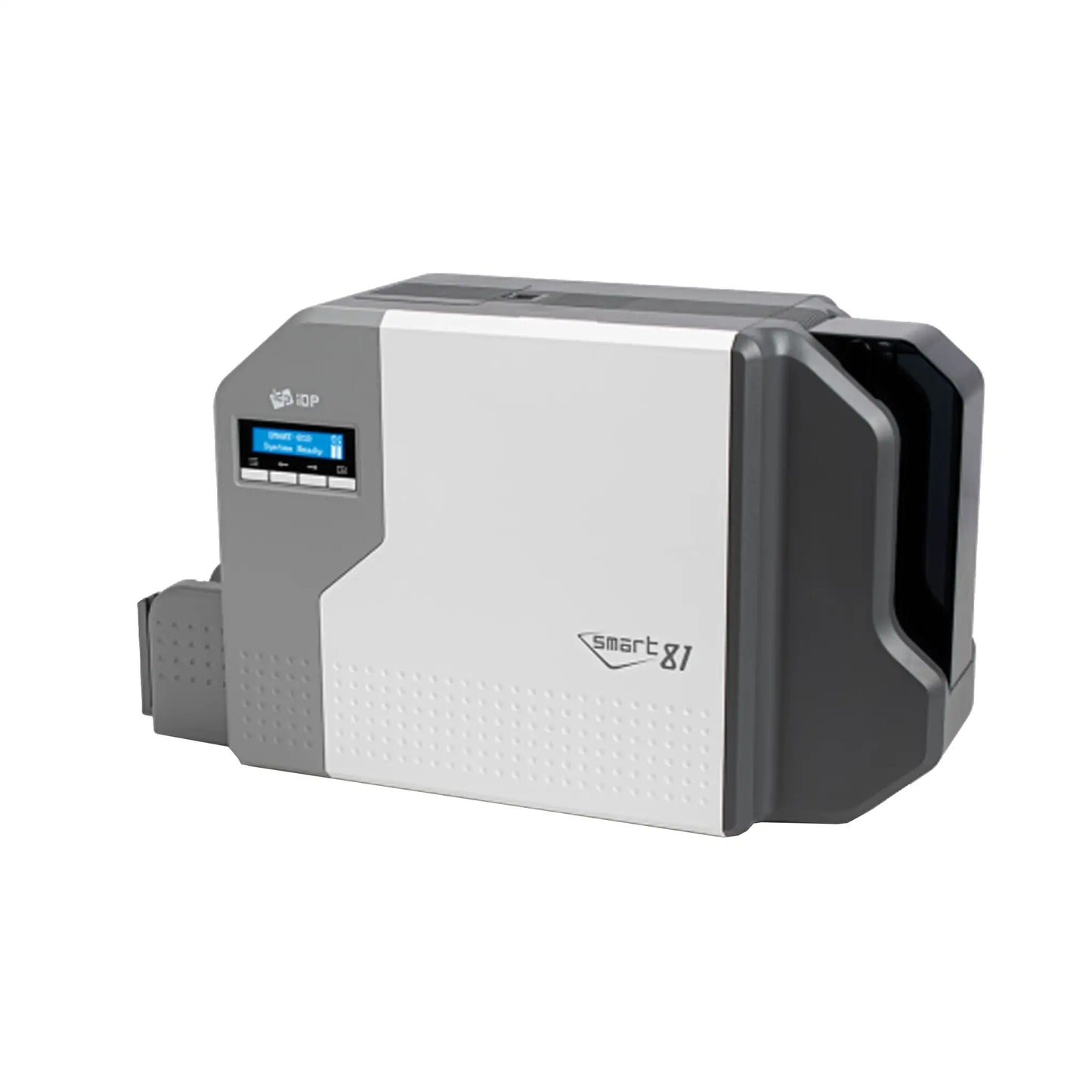 A gray and white IDP 653637 SMART-81D Dual Sided Retransfer Printer with a small display screen and control buttons. The model name "Smart 81" is visible on the front, ensuring high-definition card printing every time.