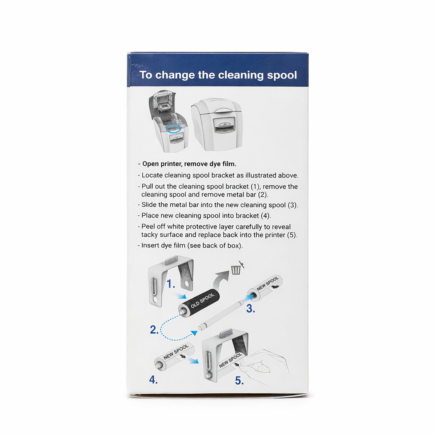 Box includes illustrated step-by-step instructions for replacing the Magicard MA1000K-SILVER Silver Monochrome Ribbon in Enduro+, Enduro3E, and Rio Pro printers, covering ribbon handling, spool changes, and protective tape removal.