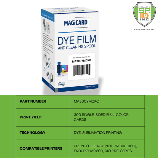 Magicard MA300YMCKO YMCKO color ribbon, prints 300 single-sided cards. Includes cleaning spool. Compatible with select Magicard printers (see chart).
