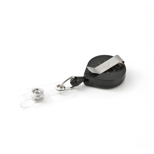 A sleek, black MINI-BAK Retractable Reel with 36” Nylon Cord, Vinyl ID Strap and Standard Belt Clip #57 features a sturdy metal clip and a clear plastic strap attachment. Ideal as an ID badge holder for everyday convenience and reliability.