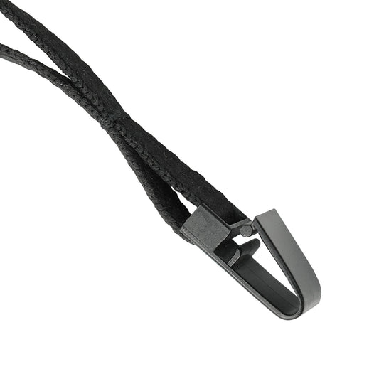 Close-up of a black braided cable with a plastic snap clip closure at the end. Sold by Specialist ID.