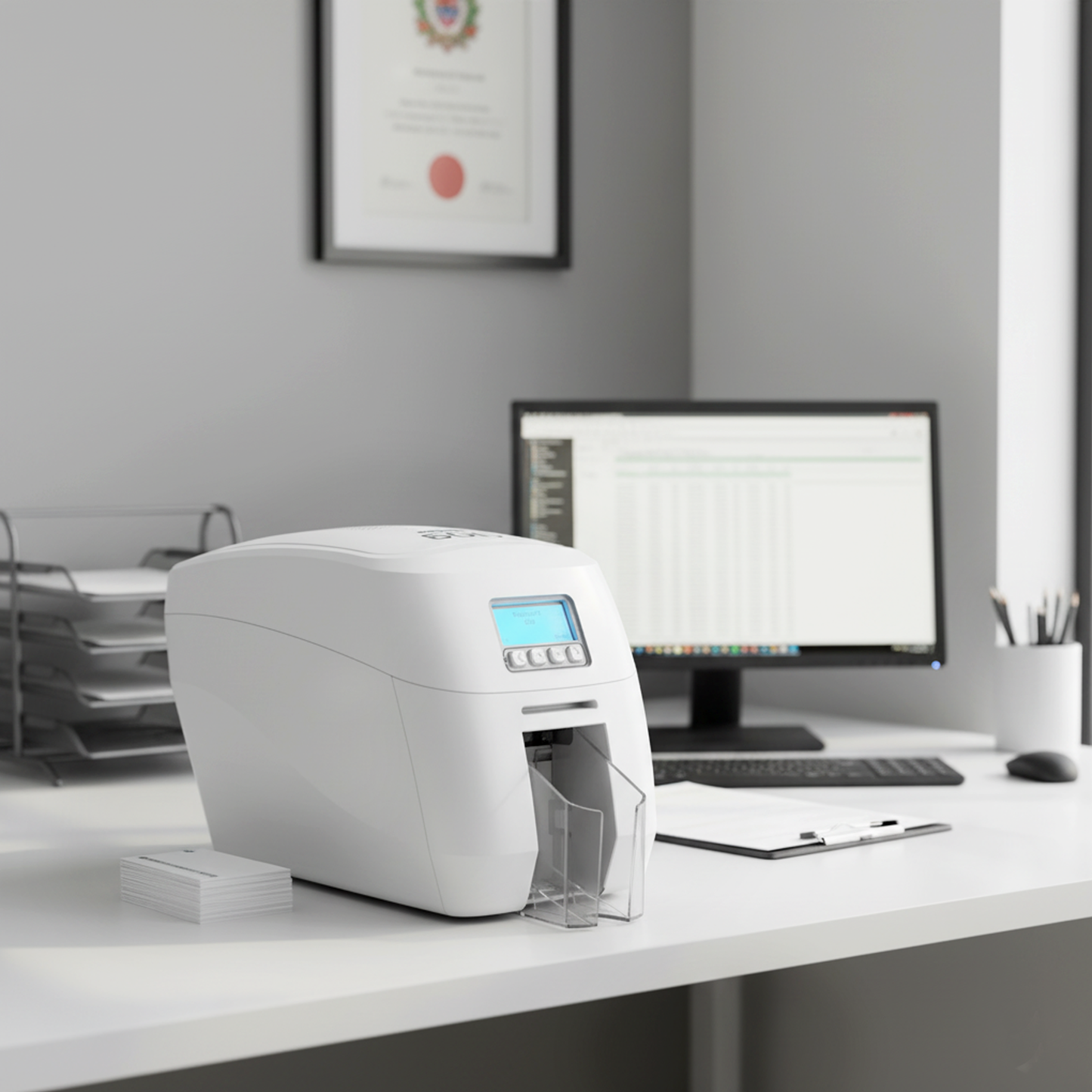 A Magicard 600 ID Card Printer on a desk beside blank cards and office gear, ready for high-quality ID card printing. Sold by Specialist ID.
