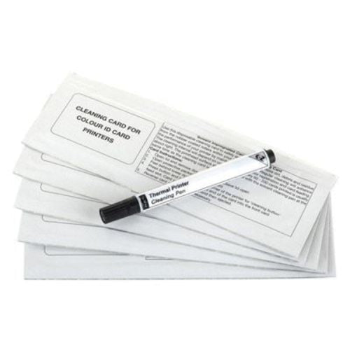 A set of cleaning cards for Magicard card printers is displayed with a thermal printer cleaning pen placed on top, forming part of the MAGICARD CK1 Cleaning Kit designed to enhance printer durability.
