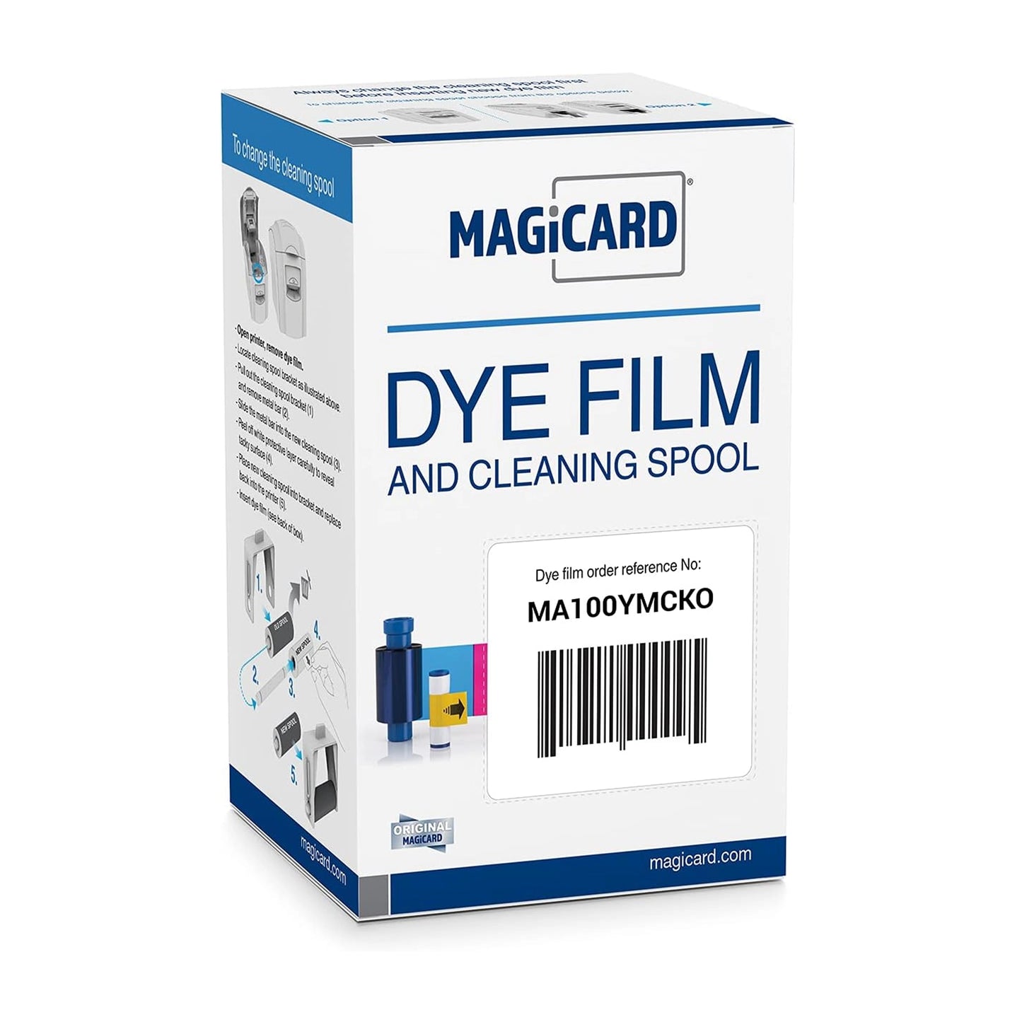 A box labeled "MAGICARD MA100YMCKO Enduro YMCKO Color Ribbon" with reference number MA100YMCKO. The box features images and text detailing the product's use, ensuring high-quality card printing with the Magicard color ribbon.