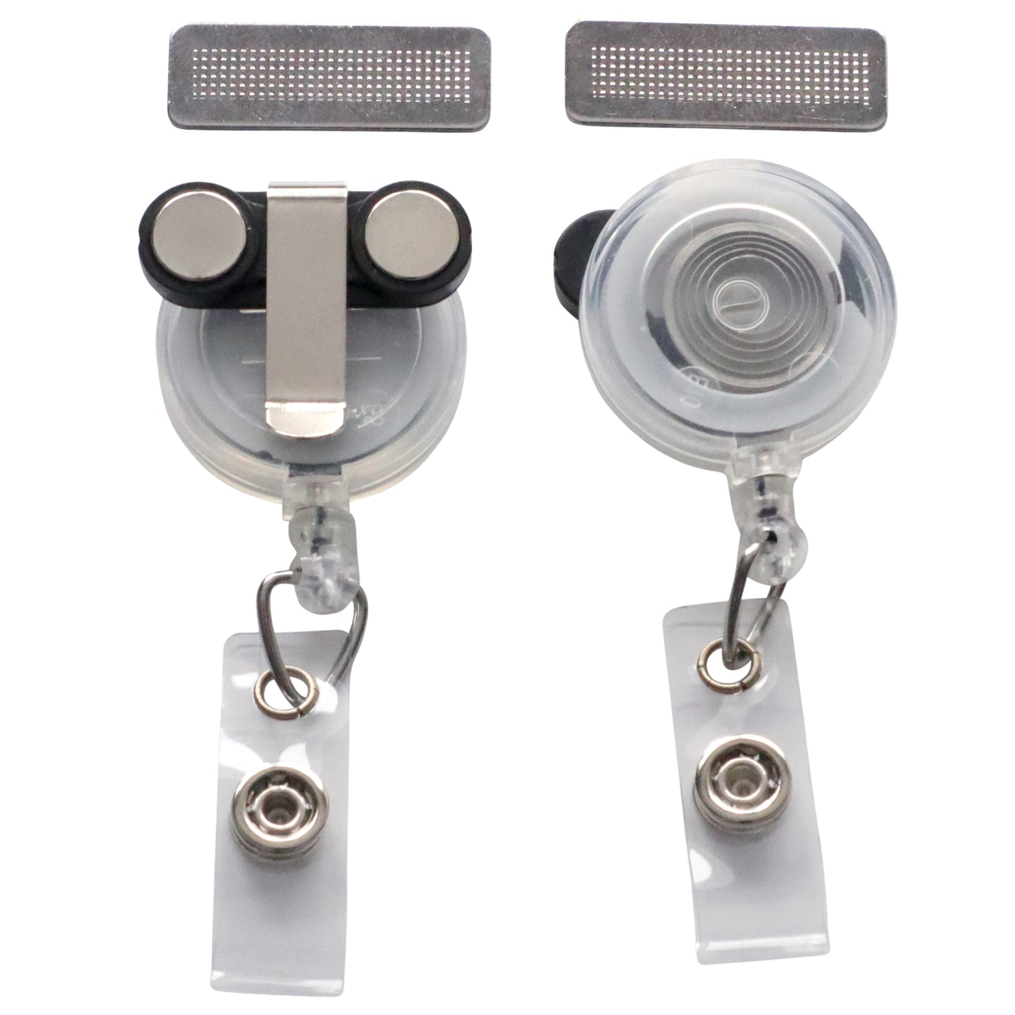 Two Magnet Badge Reels (P/N SPID-3370) shown from front and back with belt clip and metal fastener, beside two rectangular plates. Each reel includes a magnetic back for easy use as name badge holders.