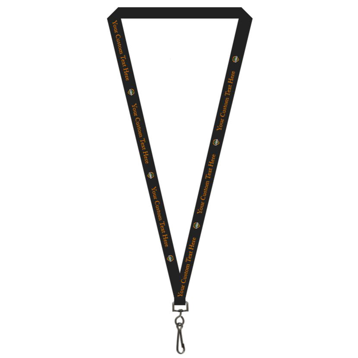 A black lanyard with customizable text printed in orange along its length using silk screen printing. It includes a metal swivel hook at the bottom. Ideal for bulk Custom Printed Lanyards Online Designer - Personalized Lanyards for Company, Conference, and VIP Events, take advantage of our quantity discounts for large orders.