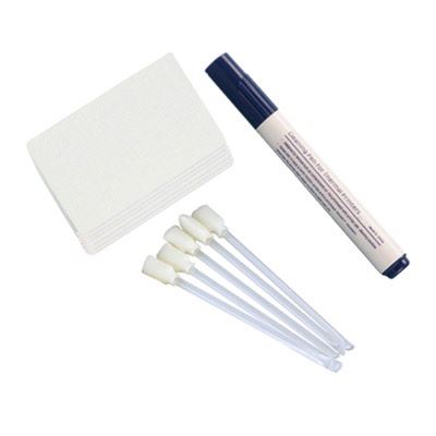 The Nisca Cleaningkit53 cleaning Kit - Includes Cleaning Cards, Swabs, and Printhead Pen includes a stack of white cloths, a printhead cleaning pen-like solution applicator, and four swabs with white foam tips for thorough printer maintenance.