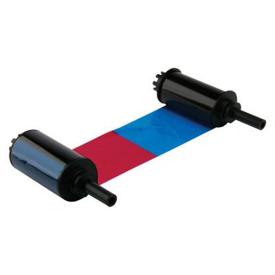 A NiSCA NGYMCKO2 YMCKO Color Ribbon with black end spools, featuring red and blue segments between them, used for full-color prints in ID card printers.