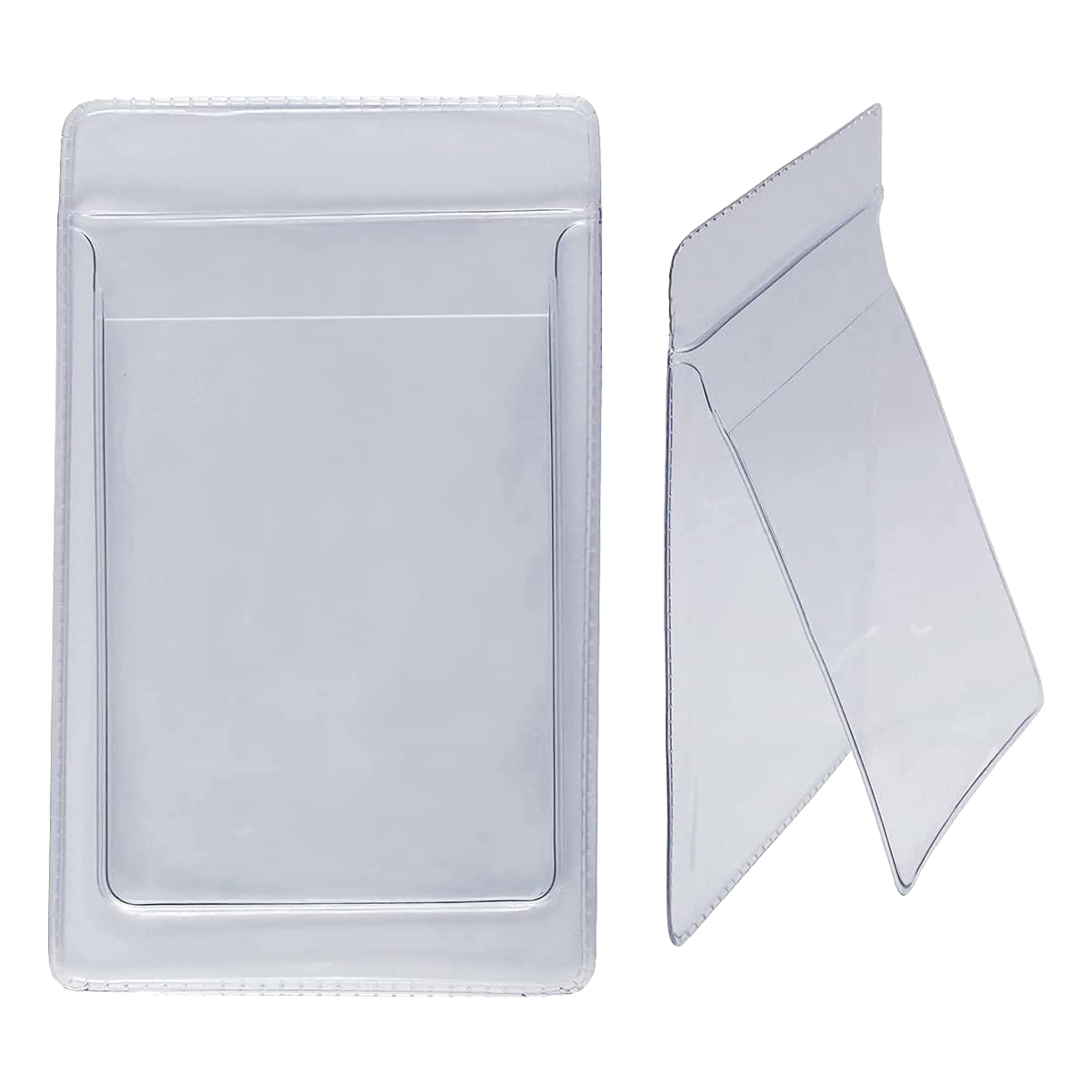 Two Clear Vinyl Pocket Protectors With ID Badge Holder (P/N PPL63X) in durable vinyl material, one standing vertically with flap closed and the other open, displayed against a white background.