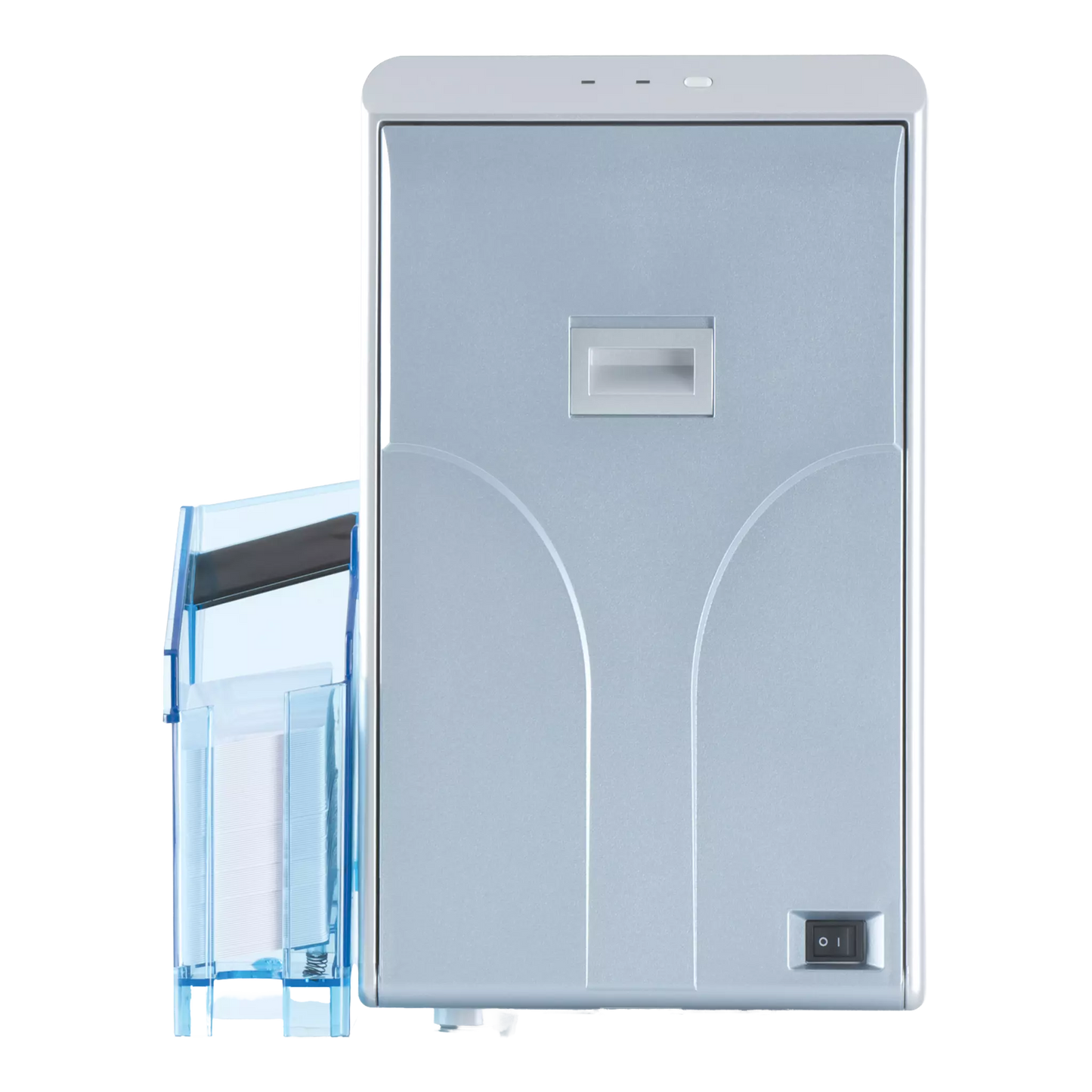 The Magicard Prima 8 Single Sided ID Card Printer - Infinite Options is a gray rectangular device with a transparent blue side, featuring a small display and power switch at the bottom. It uses advanced retransfer printing technology for precise, high-quality results.