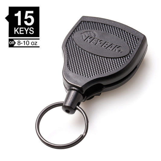 A black Key-Bak Super 48 Heavy Duty Key Reel with Belt Clip (S48K) with a textured grip, metal key ring, and text indicating it can hold up to 15 keys or 8-10 ounces. This heavy-duty key reel features a durable Kevlar cord for added strength and a convenient belt clip for easy access.