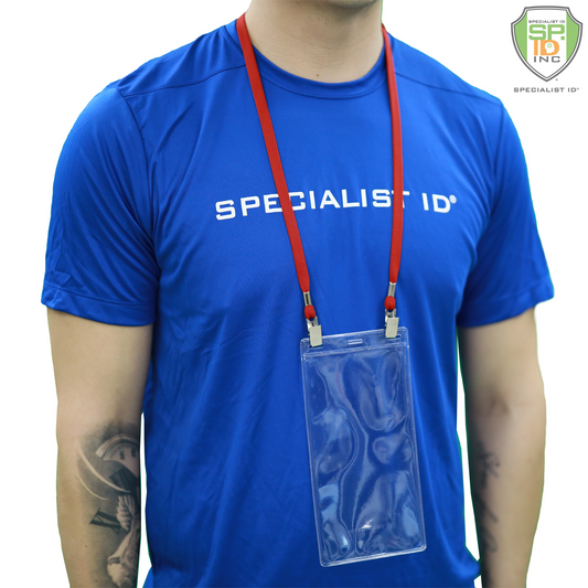 Clear 4x8 ticket holder shown with red lanyard and event credential