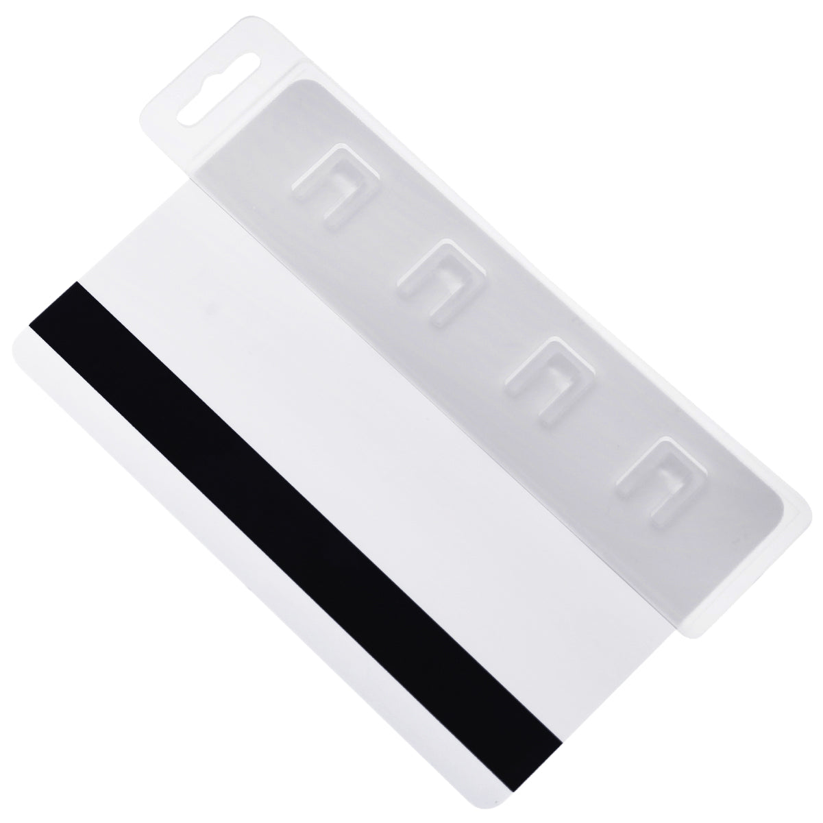 A close-up of a blank white plastic card with a black magnetic stripe on the back, partially inside a Vertical Half Card Holder for Magnetic Stripe Swipe Cards - Heavy Duty Gripper (SPID-1380) with a clear plastic sleeve and hanging tab. Ideal for professional purchasers seeking magnetic stripe swipe cards for secure access solutions.