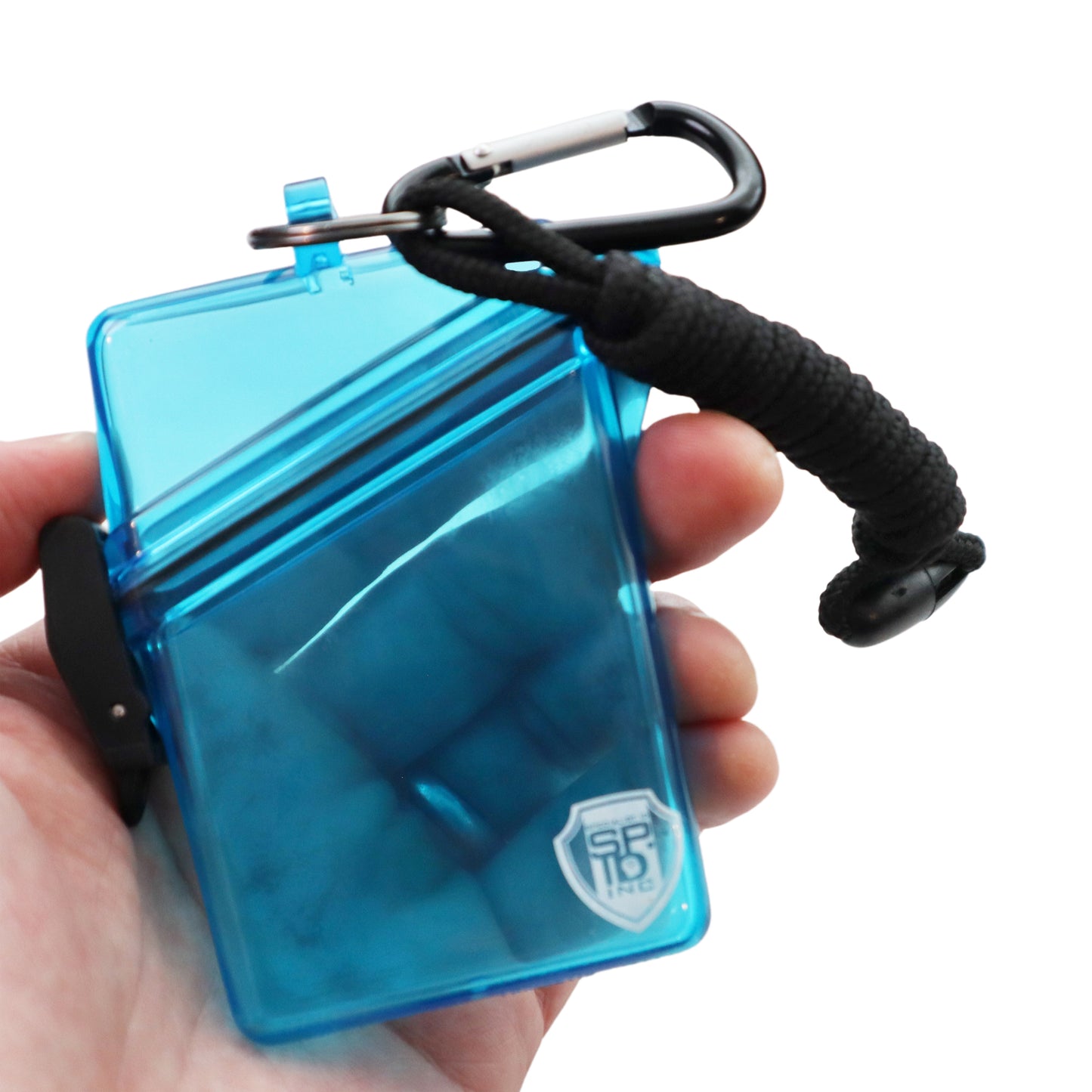 A hand holds the Clear Waterproof ID Badge Holder with Lanyard and Carabiner (P/N SPID-1690), made from crush-resistant plastic for durability.