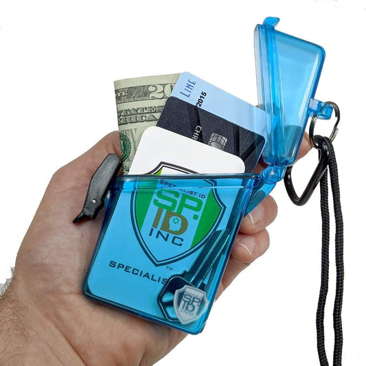 A hand holding a translucent blue Waterproof ID Badge Holder (P/N SPID-1690) made of hard plastic, containing cash, a credit card, and other small items, secured with a carabiner clip.