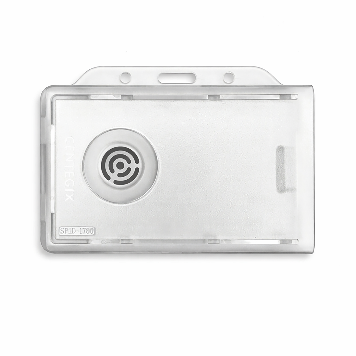 The Dual Badge Holder compatible with Centegix V2 Alarm Card and a standard ID card is made of white plastic, features a rectangular design, has a circular speaker grille, and includes a slot for attaching a lanyard.