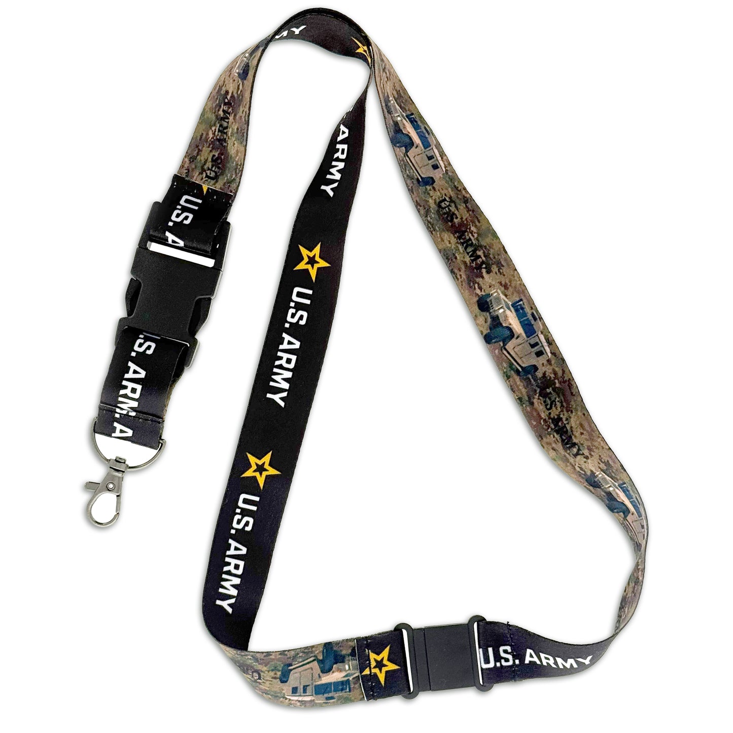 The Officially Licensed Military Lanyard Badge Holder (SPID-2030) is designed for Army, Navy, Airforce, Marines, and Vietnam Veterans; features include secure clasp, safety breakaway, plastic buckle, and badge holder for everyday use.