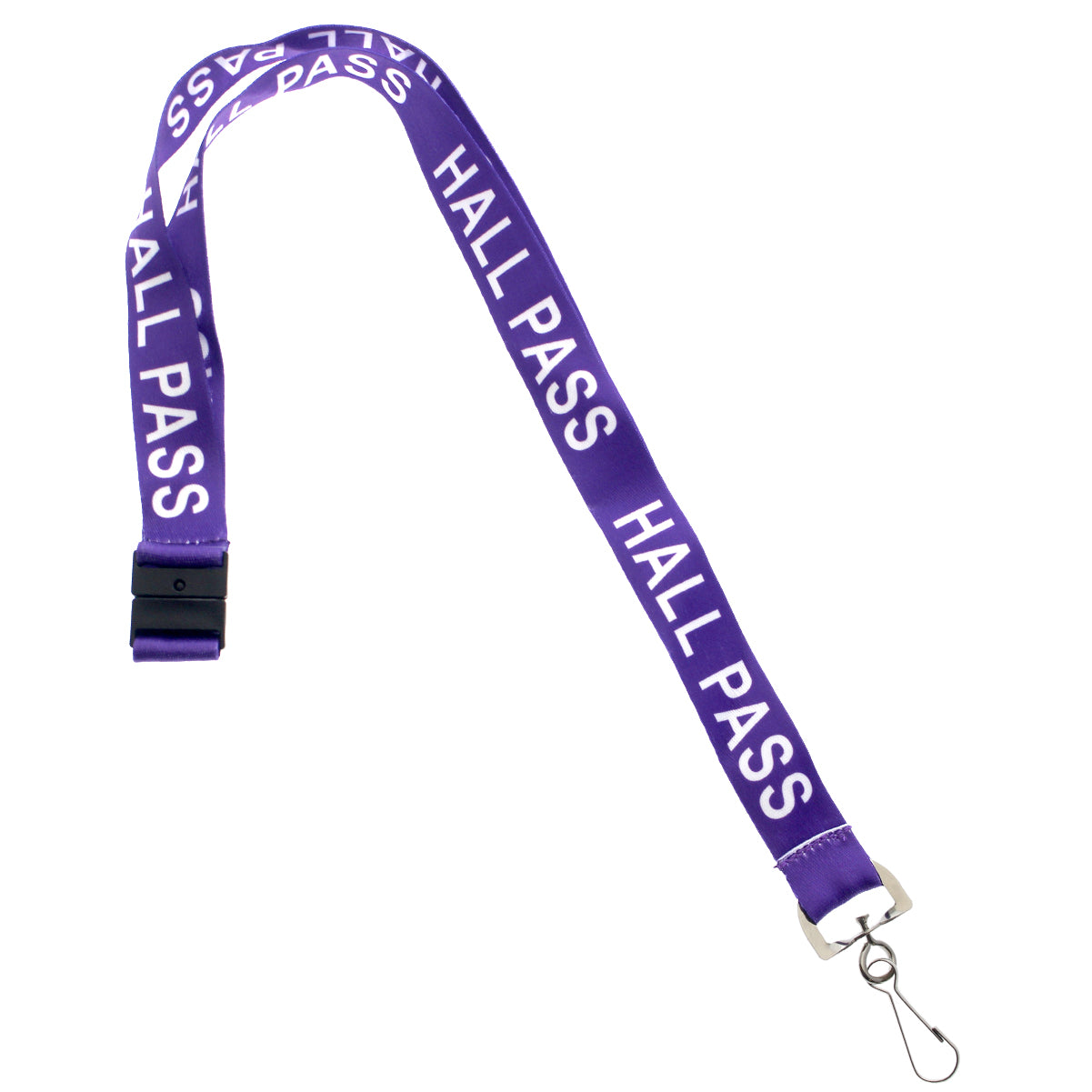 Purple lanyard with white "HALL PASS" text repeatedly printed, featuring a clip at the end and a breakaway clasp for added school security. It's one of our essential Hall Pass Lanyard - Safety Breakaway Lanyards with Swivel Hook (SPID-2190).