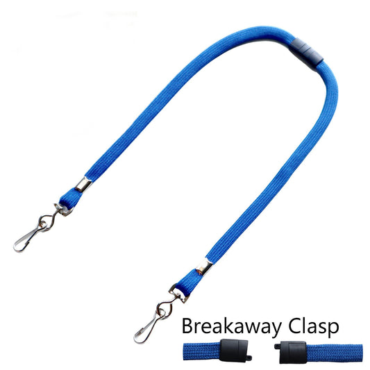 A blue **Kids Safe Double Ended Lanyards with Safety Breakaway Clasp and Two Hook Endings - Short Length for Children** holder with clips at each end and a breakaway clasp in the middle. The breakaway clasp is shown in an enlarged view in the bottom right corner of the image. The text "Breakaway Clasp" is written next to the enlarged view.