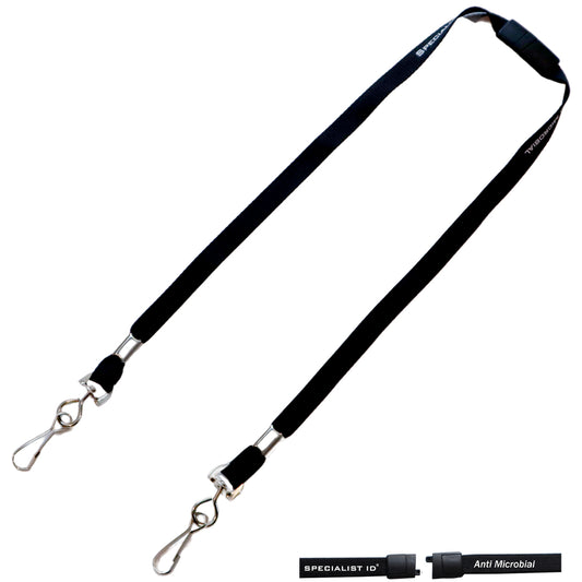 A black Antimicrobial Lanyard with Two Clips - Short Length Double Clip Lanyard with Safety Breakaway - 25 Inch Perfect Size for Students & Adults (SPID-2360) with metal swivel clip attachments at both ends. The lanyard features the text "SPECIALIST ID" and "Anti Microbial" printed in white, offering germ inhibition for added safety.