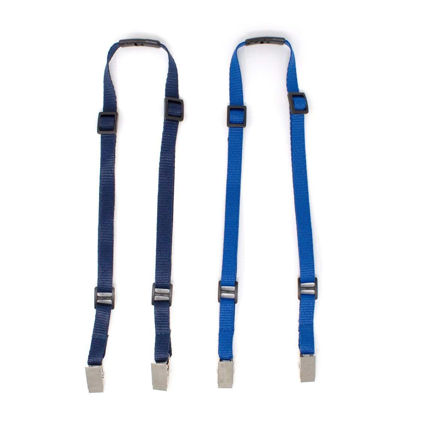 Two Adjustable Double Ended Lanyards with Safety Breakaway Clasp and Two Bulldog Clips (2140-531X) in blue nylon are shown side by side on a white background, ideal for use as mask lanyards or adjustable badge holders.