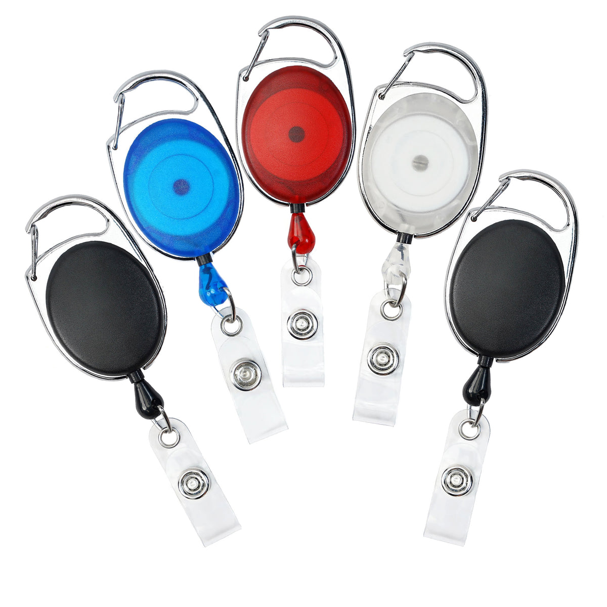 Five Carabiner Badge Reels - Premium Retractable Oval Badge Holders with Carabiner Clips for Belt Loops & Purse Straps (2120-70XX) in different colors (red, white, blue, and black) .