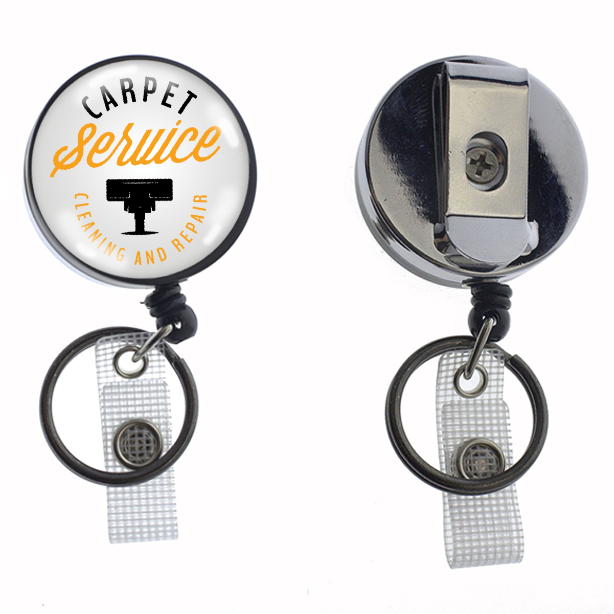 Two keychain retractable badge holders are shown. One features a logo for "Carpet Service Cleaning and Repair" with a vacuum image, while the other has a clip attached to the back for easy use. These Custom Heavy Duty Badge Reel with Key Ring and Badge Strap (SPID-3180) - Add Your Logo are perfect for personalized identification display on your key ring or badge strap.