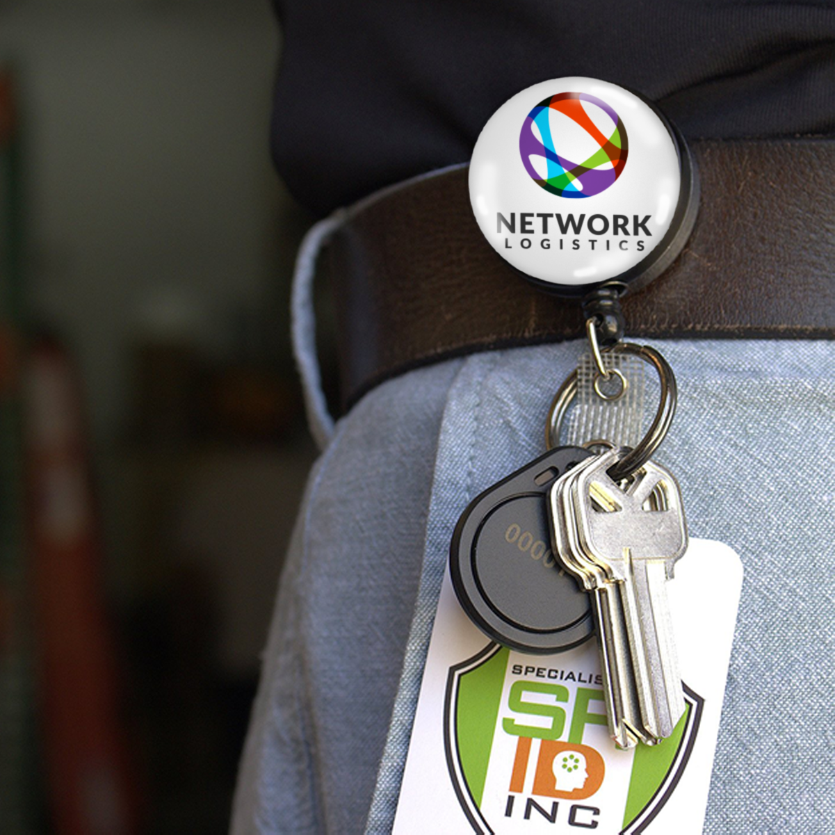 A close-up of a person wearing a Custom Heavy Duty Badge Reel with Key Ring and Badge Strap (SPID-3180) - Add Your Logo with the logo "Network Logistics" attached to their belt. The retractable keychain holds several keys and a white card with "SPD Inc" printed on it, serving as both key ring and personalized identification display.