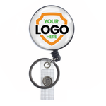 A Custom Heavy Duty Badge Reel with Key Ring and Badge Strap (SPID-3180) - Add Your Logo, featuring a customizable logo area for a personalized identification display. The text "YOUR LOGO HERE" is showcased within an orange shield shape, making it both functional and stylish.