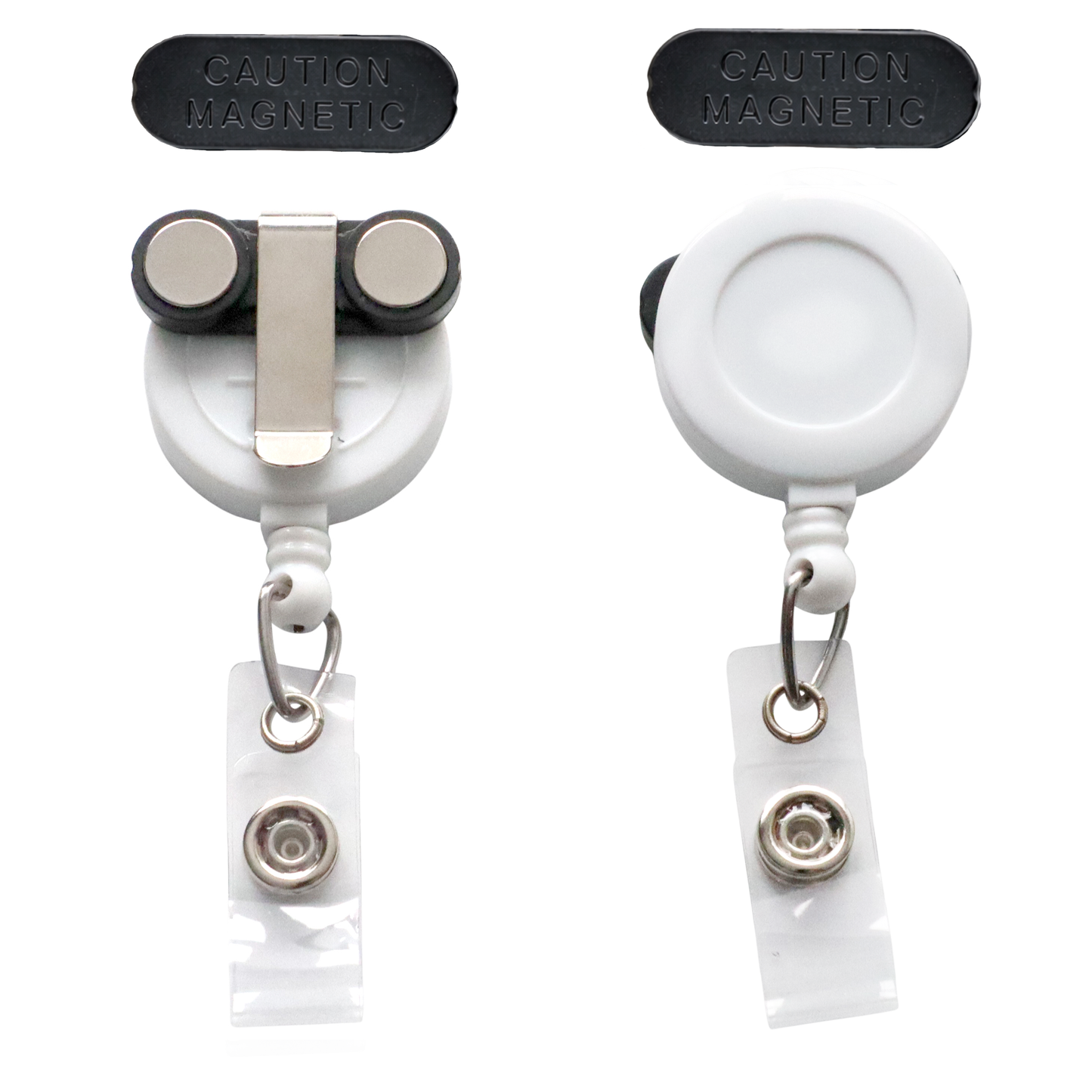 Two White Magnet Badge Reels (P/N SPID-3370), retractable magnetic badge holders for shirt pockets, shown front and back with clips, key rings, and additional metal strap clips above.