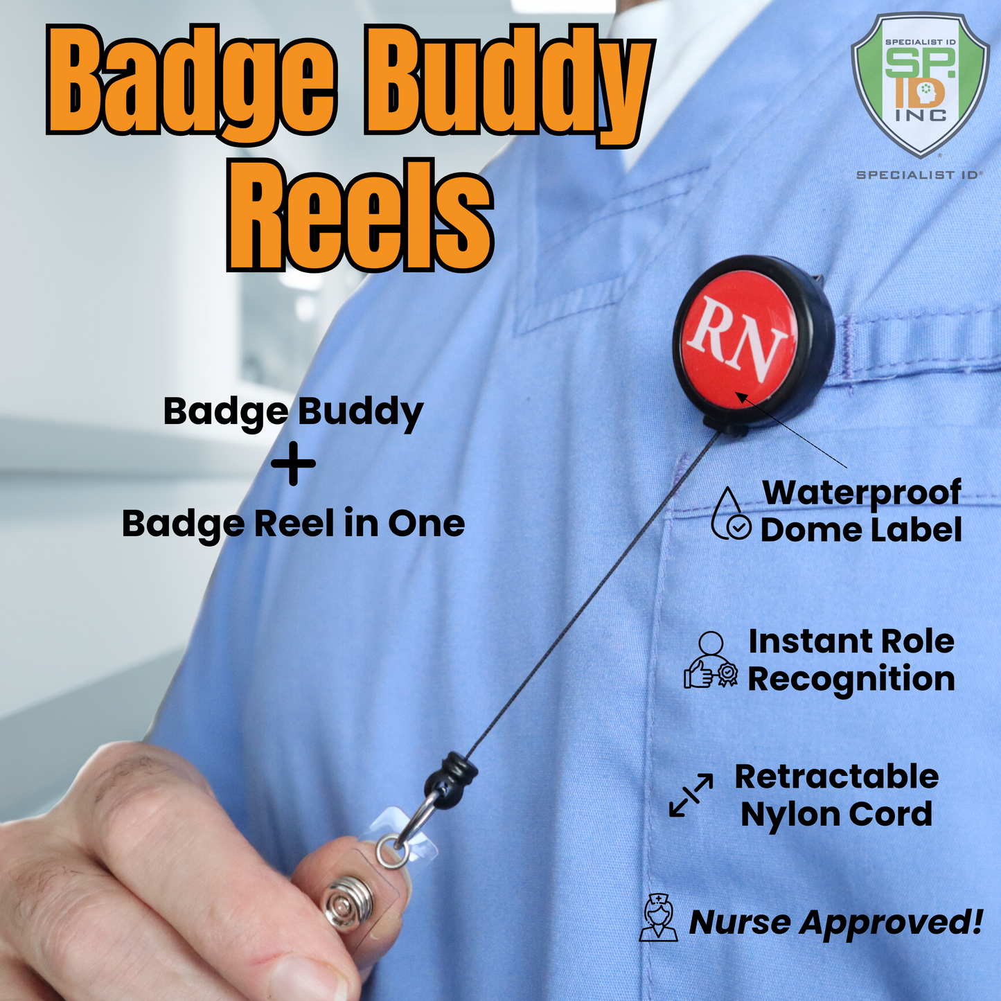 A person in blue scrubs wears the RN BSN Badge Buddy Reel with Swivel Spring Clip—combining a badge buddy and retractable reel in one—secured to their chest, highlighting its key features.