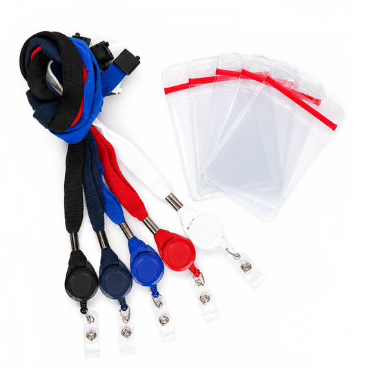 A set of retractable badge reel lanyards in black, blue, red, and white, shown alongside five clear plastic ID badge holder sleeves with red seals on a white background.