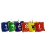 Seven Custom Hall Pass Badges - Design Your Own Passes for School, Hospital, Events by Specialist ID are displayed, each with a different color and purpose: restroom, nurse, library, hall, office, and restroom passes. Crafted from durable composite material and waterproof laminated for longevity, these passes hang neatly from clips.