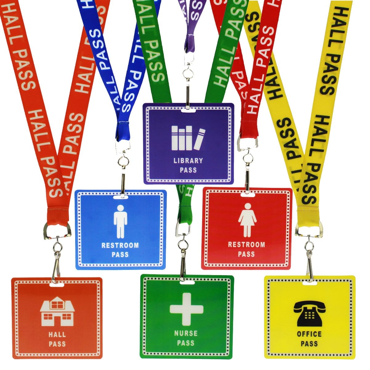 Assorted School Hall Pass Lanyards WITH UNBREAKABLE CARD PASSES - 6 Pack Set (SPID-9800) SPID-9800-ASSORTED-Q6