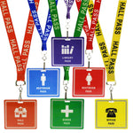 Colorful lanyards and square tags with the words "Custom Hall Pass Badges - Design Your Own Passes for School, Hospital, Events by Specialist ID" in different colors and categories: Library Pass, Restroom Pass (male/female), Nurse Pass, and Office Pass. Each tag is made from durable composite material for long-lasting use.