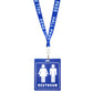 A blue safety breakaway lanyard labeled "HALL PASS" holds a blue School Hall Pass Lanyards WITH UNBREAKABLE CARD PASSES (SPID-9800) badge with restroom symbols for male and female.