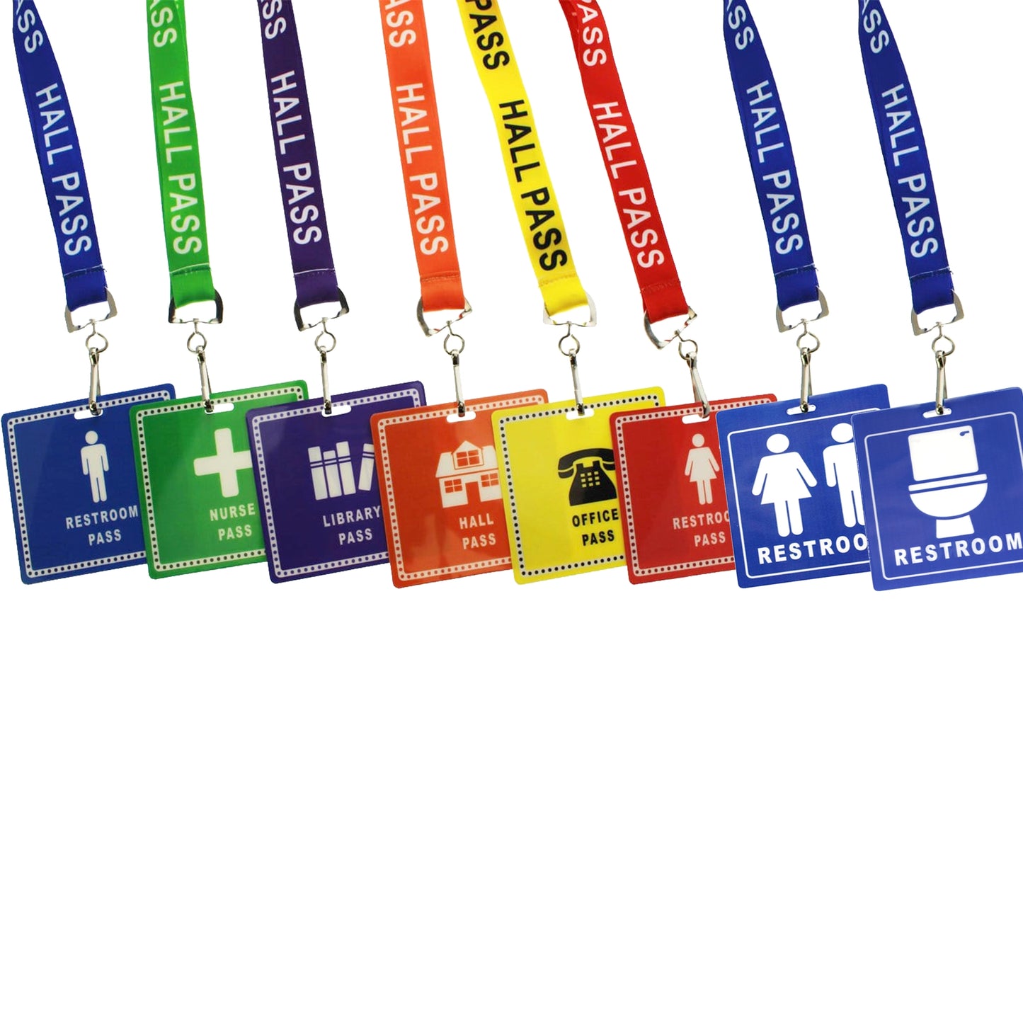 A set of School Hall Pass Lanyards WITH UNBREAKABLE CARD PASSES (SPID-9800), featuring colored lanyards with safety breakaway attachments and waterproof laminated passes labeled for various purposes such as restroom, nurse, library, hall, office, and restroom.