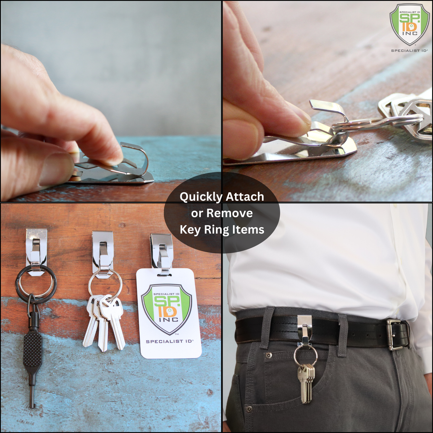 Four images demonstrate the Belt Clip Keychain Holder with Metal Hook & Heavy Duty 1 1/4 Inch Key Ring SPID-9900 / 505-C1 being used to attach keys to a keychain, hang them on a wall, and clip them onto a belt. Text reads: "Quickly Attach or Remove Key Ring Items.
